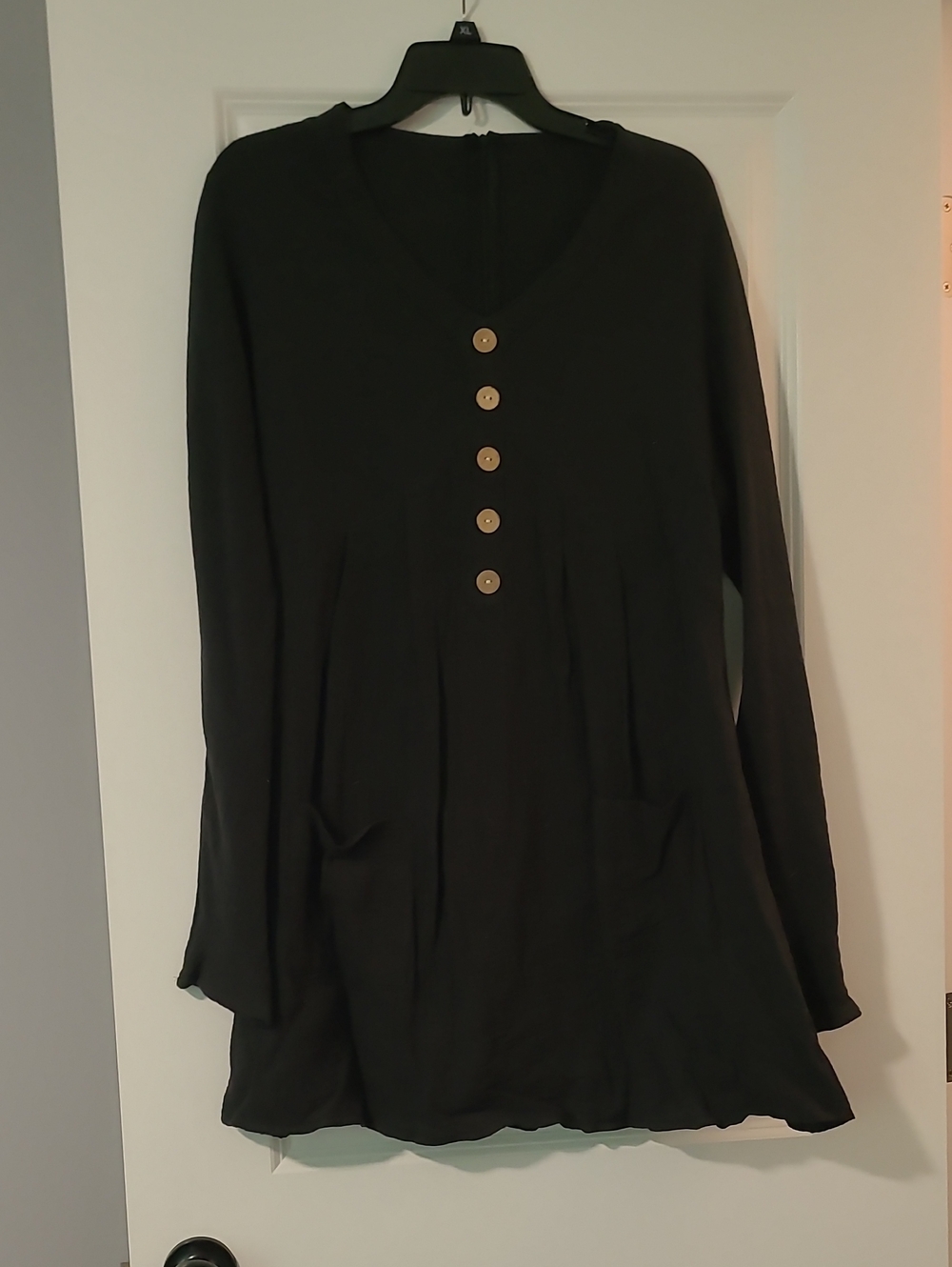 SHEIN Black Long Sleeve V-Neck Button Tunic Dress